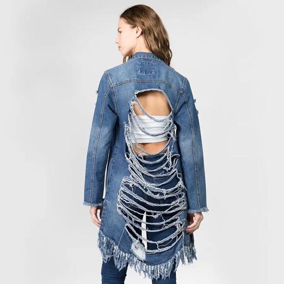 American Bazi Denim Blue Jean Jacket Distressed Long Length Size M - Picture 4 of 10